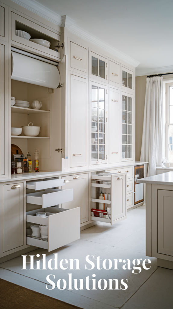 A photo of a chic, white open kitchen with floor-to-ceiling cabinets. The cabinets have white doors and some contain white items. There are several hidden storage solutions, such as a cabinet with a white roll-front and a cabinet with a white pull-out drawer. The floor is made of white tiles. There is a white island in the middle of the kitchen. The room has a window with white curtains.