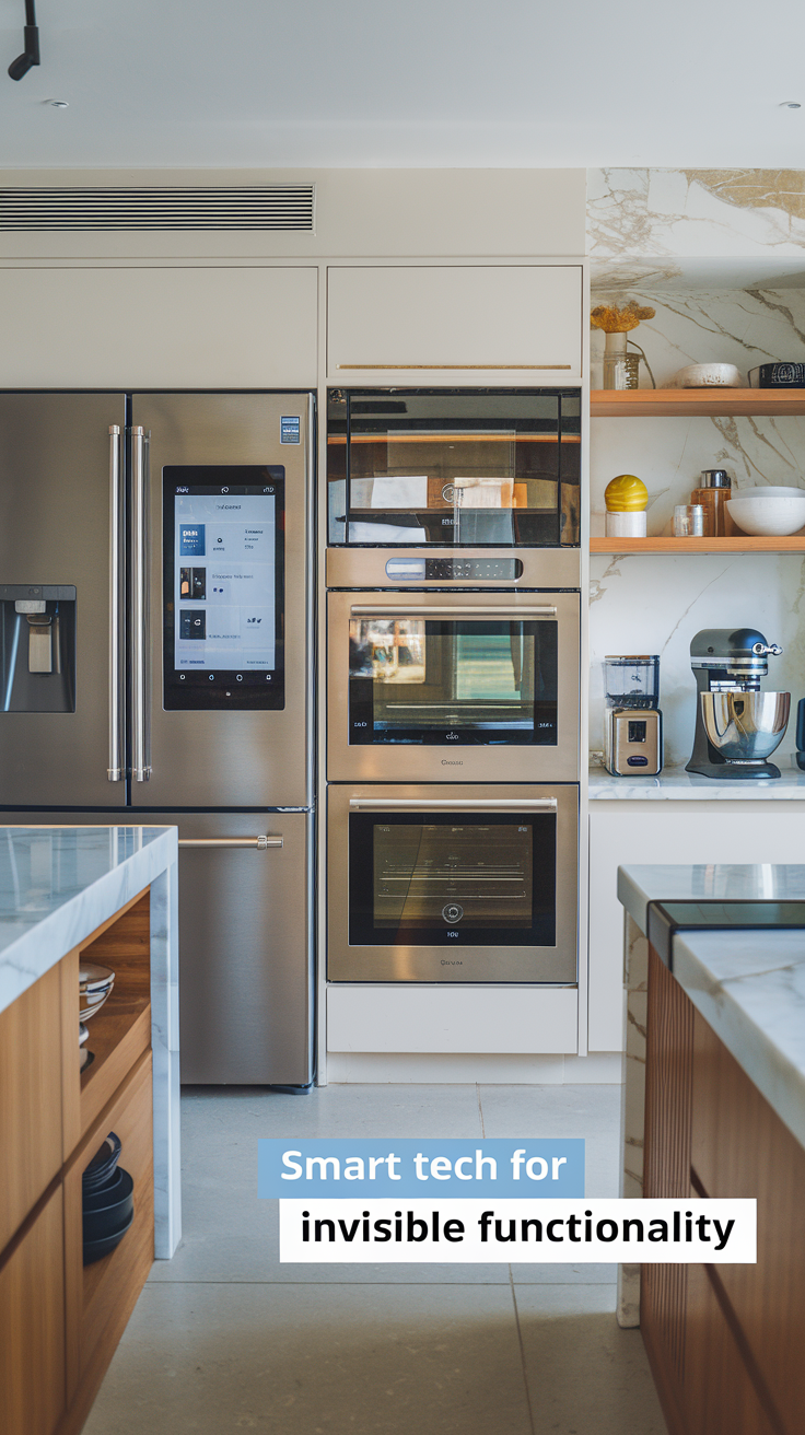 A photo of a modern kitchen with integrated smart technology. There's a smart fridge with a touchscreen interface, a smart oven with a glass door, and a smart toaster. There's also a smart coffee maker and a mixer with a digital display. The kitchen has a marble countertop and a wooden island. The floor is tiled.