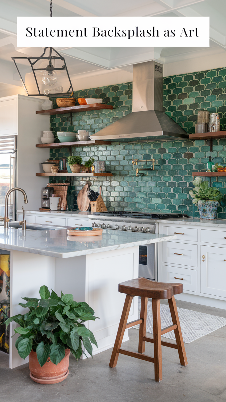 A photo of a vibrant open-concept kitchen with an emerald green Moroccan tile backsplash. The kitchen has a white island with a marble countertop, white cabinets, and a stainless steel sink. There's a wooden stool near the island. A potted plant is placed on the floor.