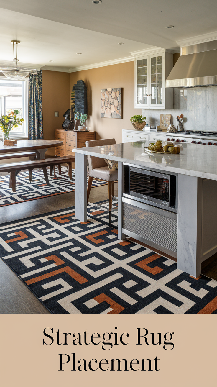 A photo of an open-concept kitchen with a bold geometric rug under the island, matching the living room's decor. The kitchen has a white cabinets, a marble countertop, and a stainless steel island. There is a dining table in the living room with a matching rug. The walls are painted beige.
