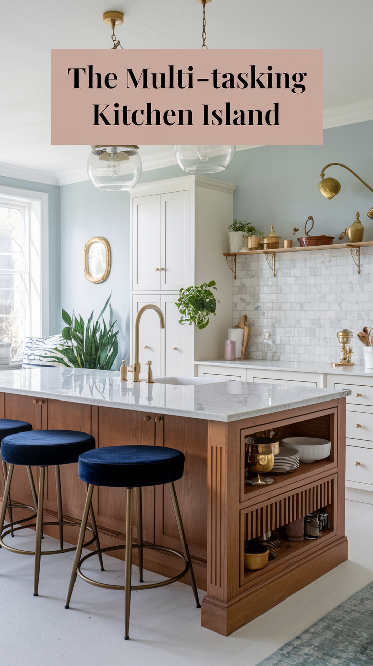 A photo of a feminine kitchen with a large walnut kitchen island, topped with a marble countertop and featuring navy velvet stools. There are also a white cabinet, a gold pot rack, and a potted plant near the island. The walls are painted in a light blue hue.