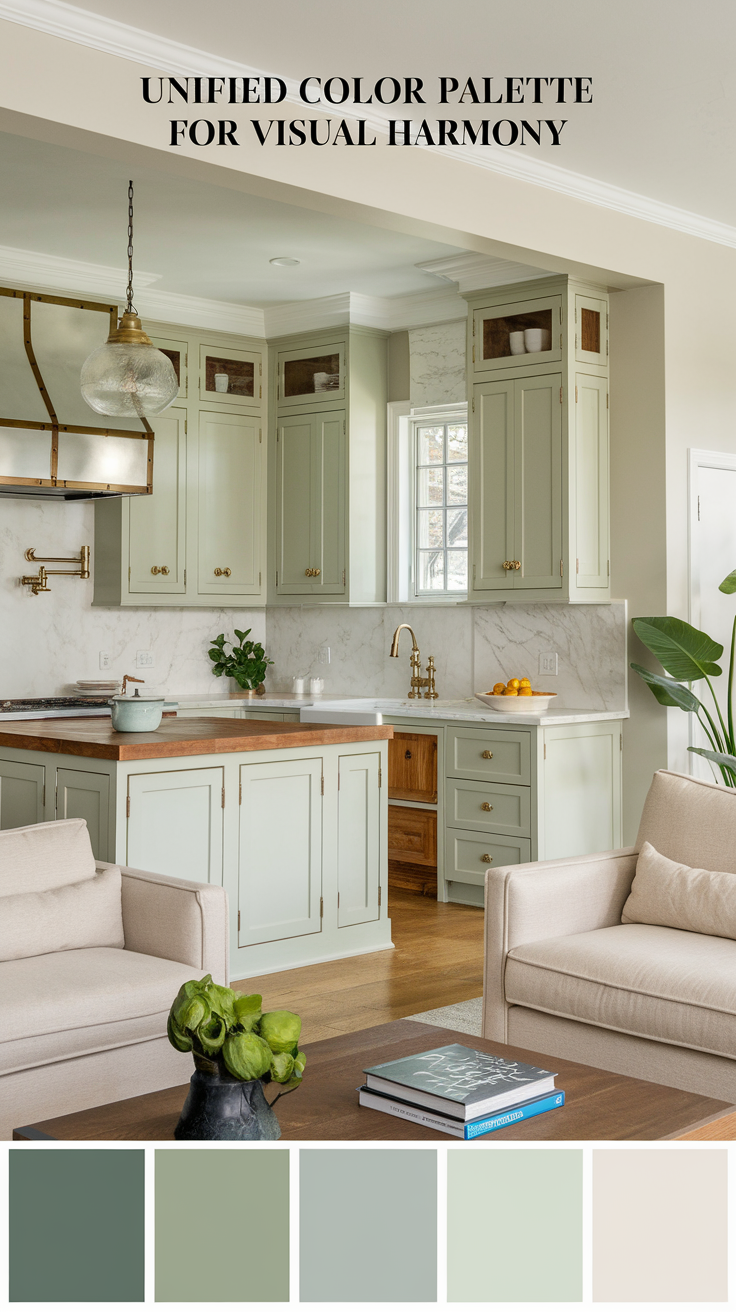 A photo of an elegant open-concept space with soft sage-green kitchen cabinets, brass hardware, and complementary living room elements. The kitchen has a marble countertop and a brass faucet. There is a wooden island in the middle of the kitchen. The living room has a beige sofa, a wooden coffee table, and a green plant. The walls are painted in a light gray color.