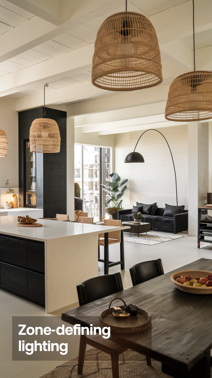 A photo of a stylish open-concept area with a kitchen, dining area, and lounge. The kitchen has an island with a white countertop and black cabinets. The dining area has a dark wooden table and chairs. The lounge has a black sofa and a coffee table. The space is illuminated by woven rattan pendant lights over the island and a sleek arc lamp in the lounge.