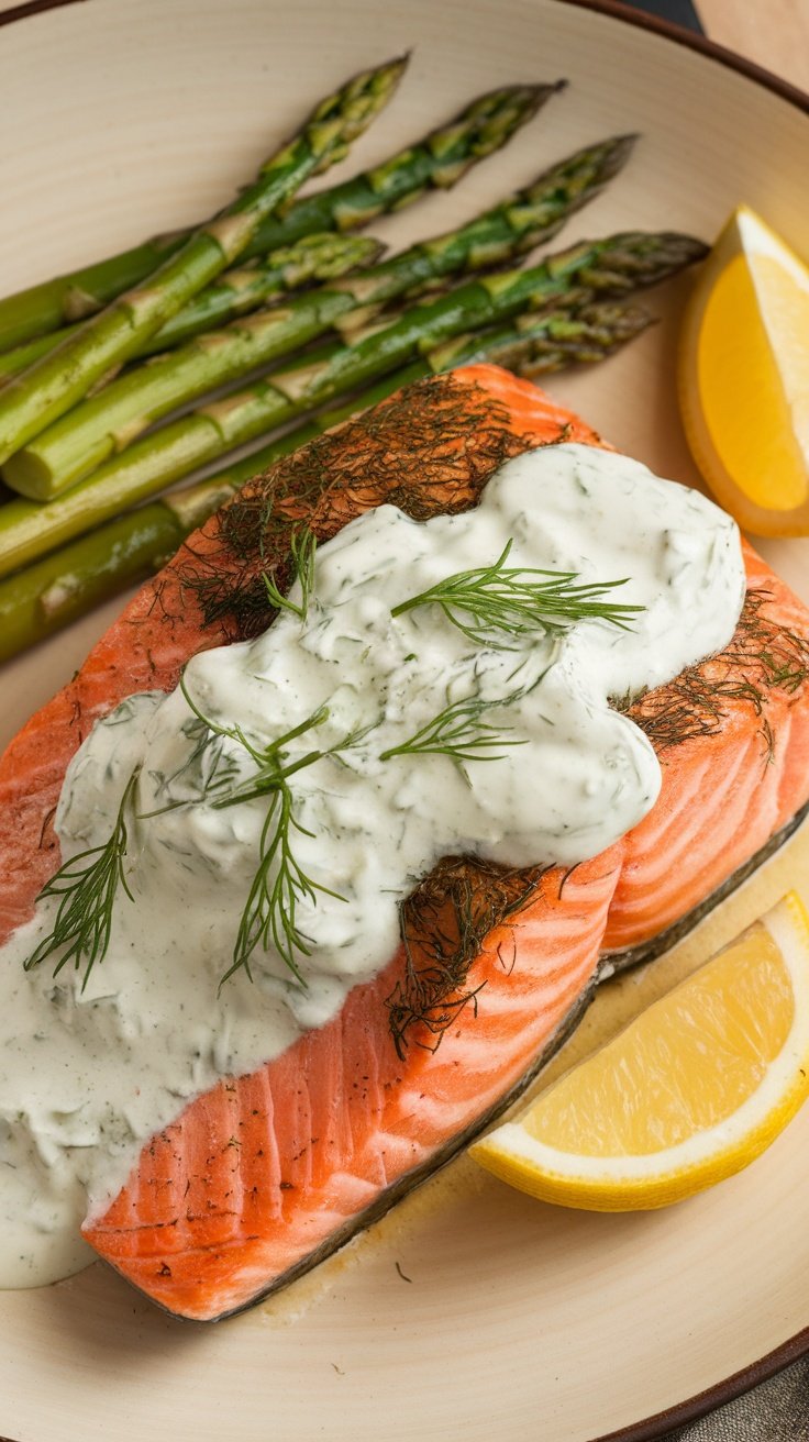 Baked salmon with dill sauce served with asparagus and lemon