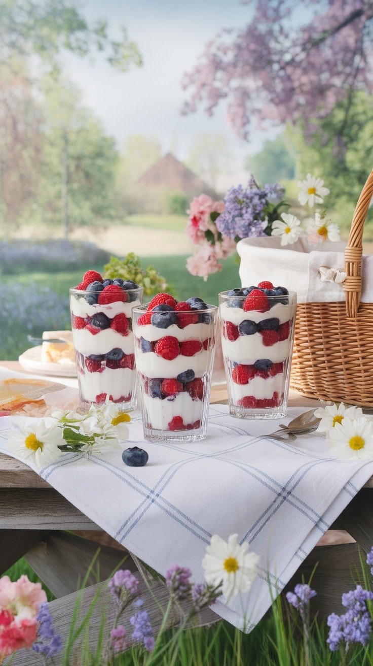 Berry and yogurt parfaits served in clear glasses, layered with yogurt and different berries.