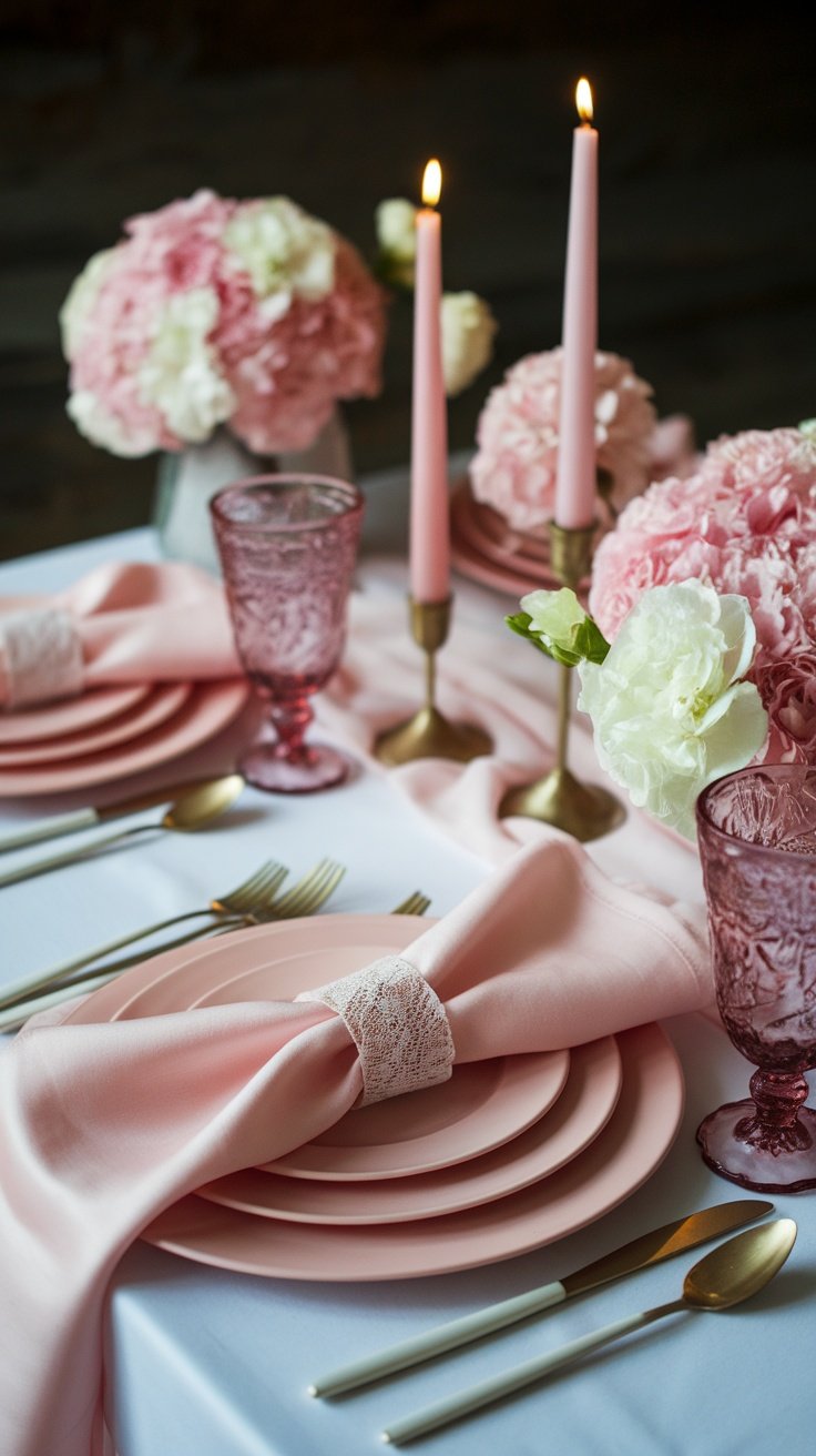 A romantic blush pink tablescape with candles, flowers, and elegant napkin rings for Easter.