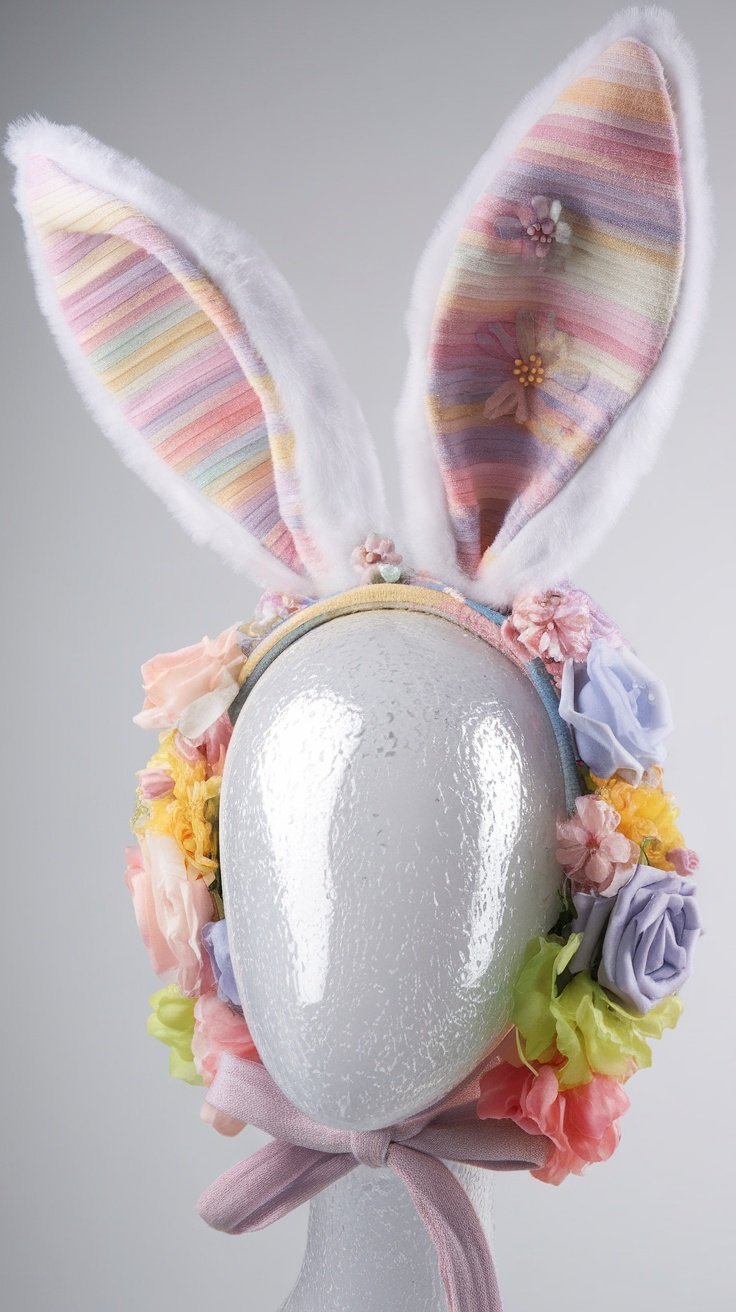 A colorful bunny bonnet with striped ears and floral decorations, inspired by 'It's the Easter Beagle, Charlie Brown'