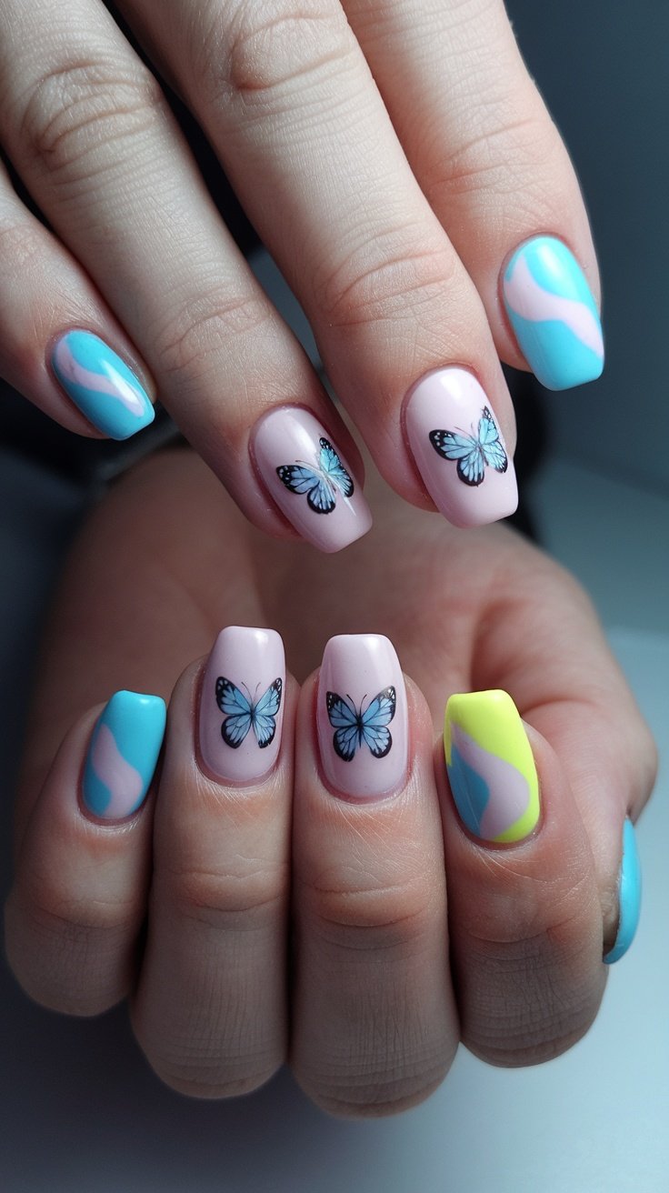 Nails with butterfly designs and pastel colors, showcasing a spring break theme.