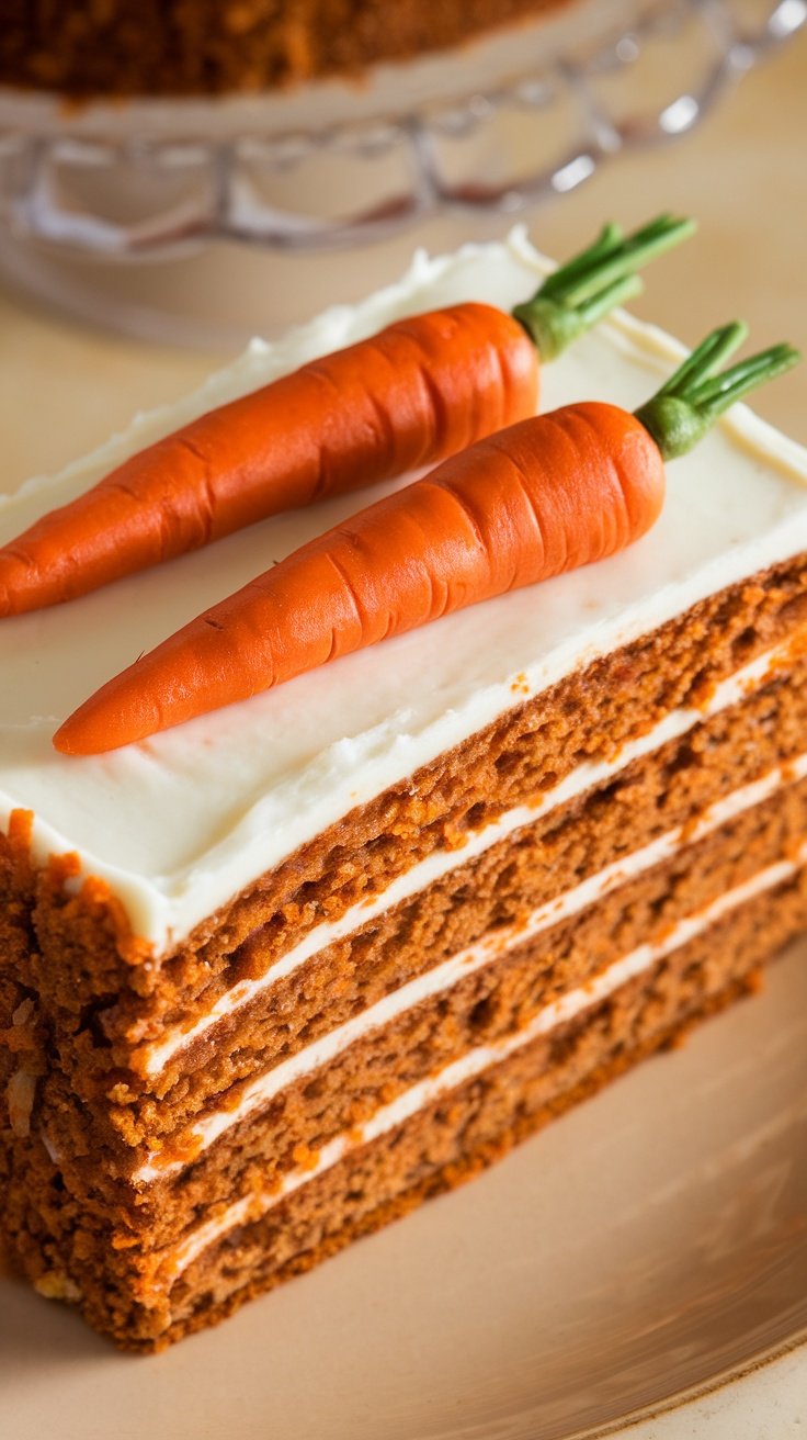 A slice of moist carrot cake with cream cheese frosting and decorative carrots on top.