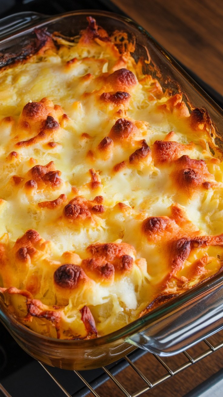 A dish of cheesy scalloped potatoes, golden and bubbling from the oven.