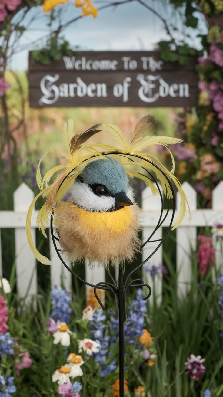 A whimsical chickadee-inspired bonnet decorated with feathers and bright accents, set against a floral background.