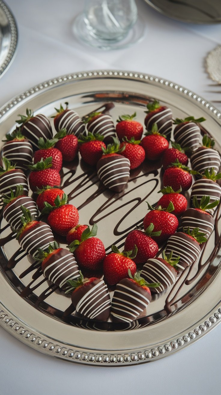 A beautiful arrangement of chocolate-covered strawberries on a silver platter.