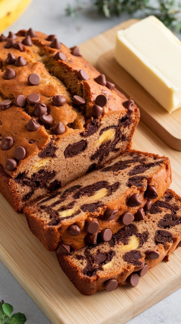 A loaf of chocolate chip banana bread sliced on a wooden cutting board.