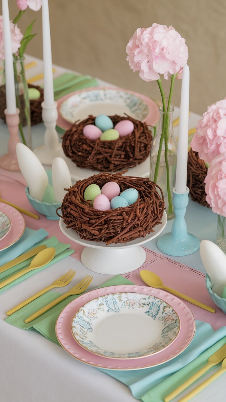 Delicious chocolate egg nests decorated with colorful candy eggs, perfect for Easter desserts.