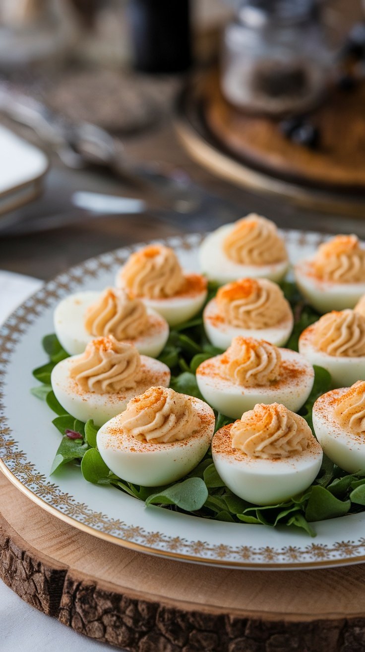 Classic deviled eggs garnished with paprika on a decorative plate