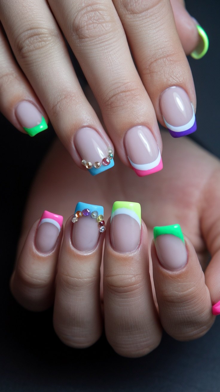 Colorful French manicure with neon tips and embellishments