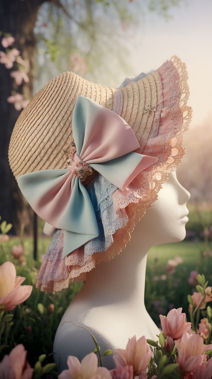 A classic pastel straw bonnet adorned with a large bow, displayed in a floral setting.
