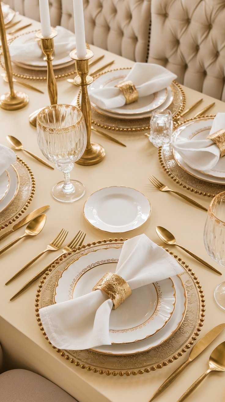 Elegant table setting with creamy vanilla and gold themed napkin ring, flowers, and decorative elements.