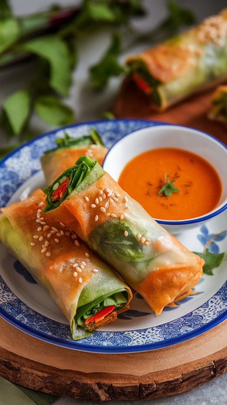 Crispy vegetable spring rolls served with a dipping sauce
