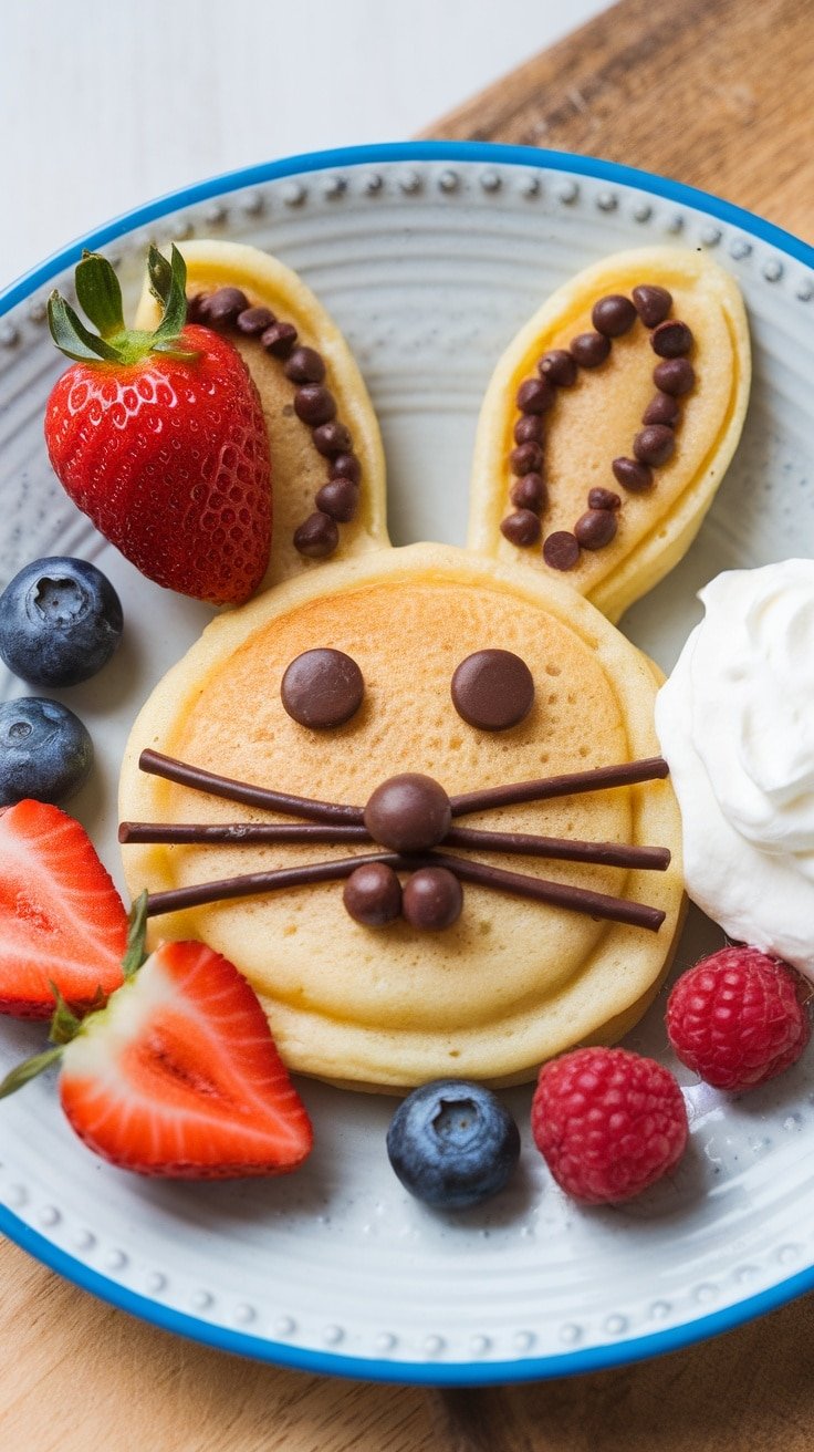 Plate of bunny-shaped pancakes decorated with fruits and chocolate chips