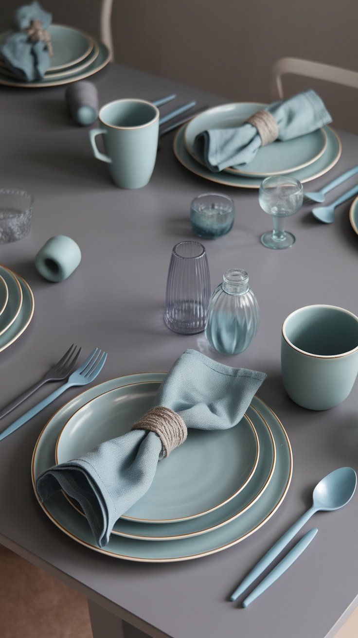 Elegant gray and powder blue table setting with a wrapped napkin and rustic accents.