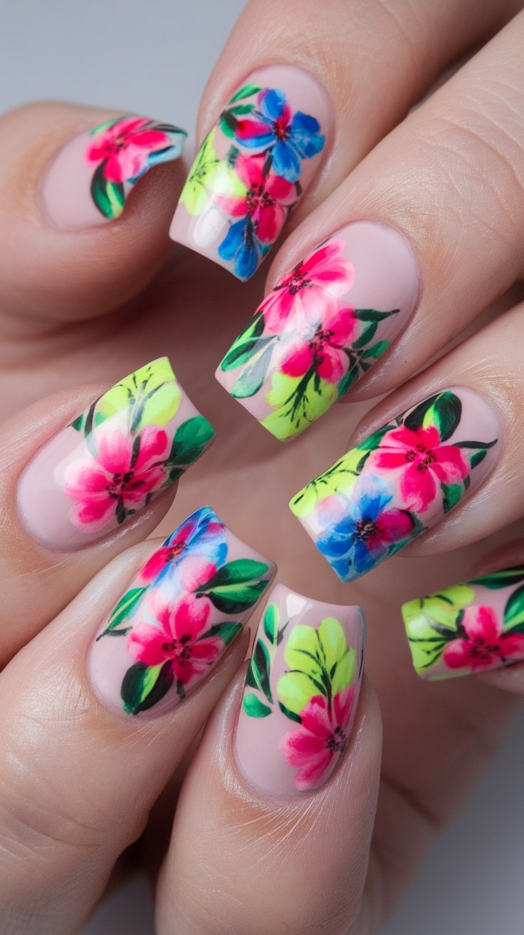 Nails with vibrant floral designs in pink and blue colors on a light background.