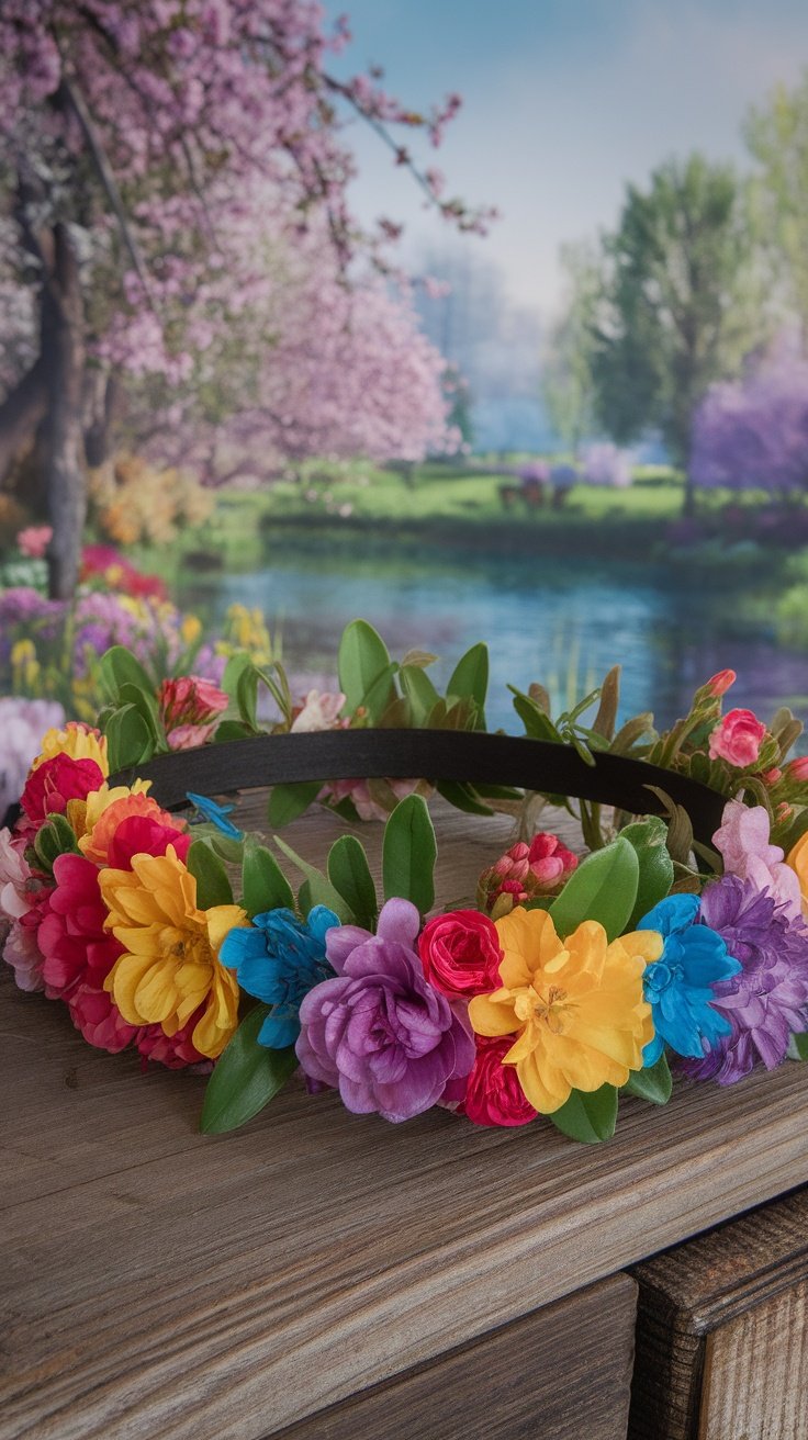 A colorful floral crown with various flowers and leaves, resting on a wooden surface.