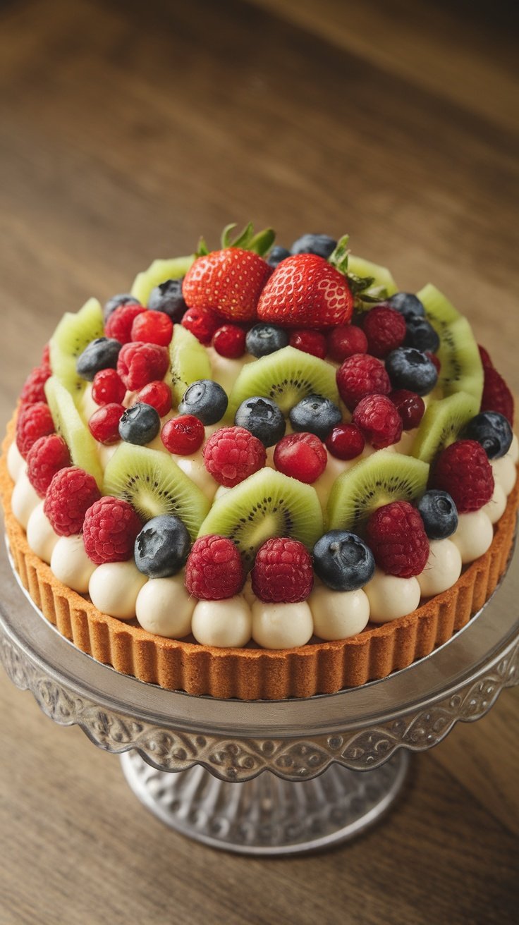 A beautifully arranged fresh fruit tart topped with strawberries, blueberries, raspberries, and kiwi.