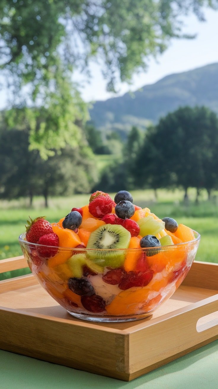 A bowl of colorful fruit salad with strawberries, blueberries, pineapple, cantaloupe, and kiwi.