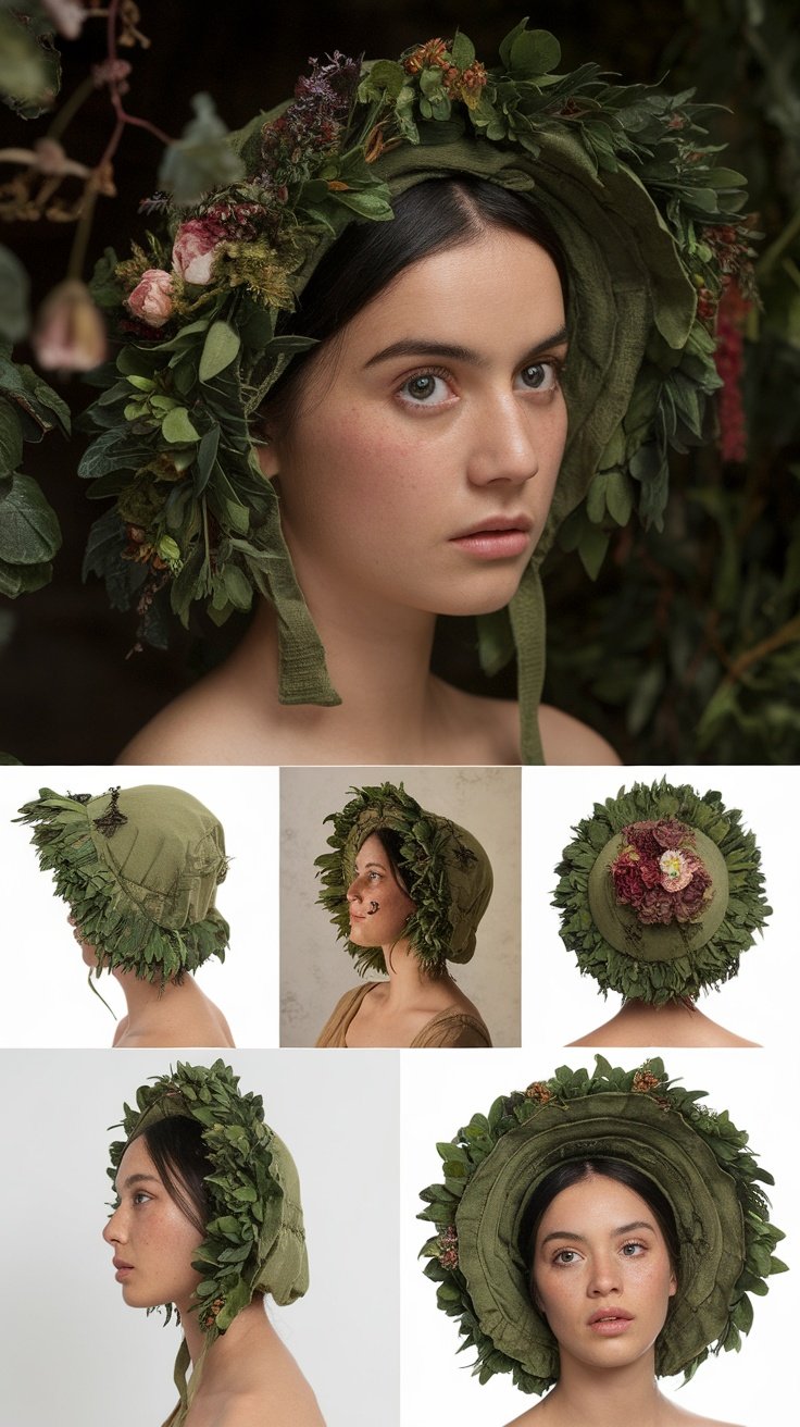 A model wearing a garden party bonnet inspired by 'The Secret Garden', adorned with greenery and flowers.