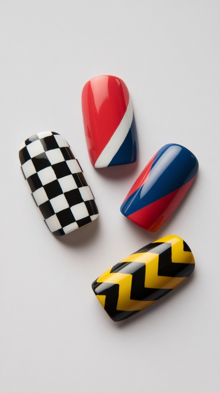 Close-up of black and white geometric patterned nails