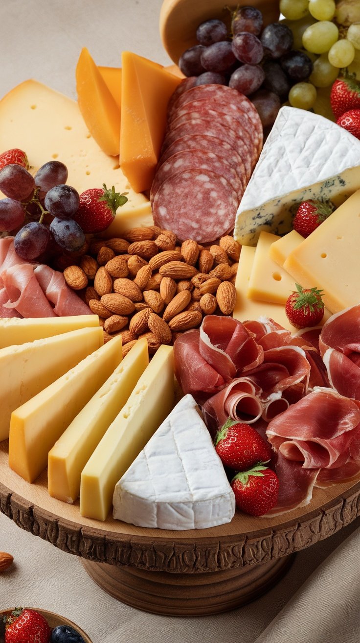 An elegant gourmet cheese and charcuterie board featuring various cheeses, cured meats, fruits, and nuts.