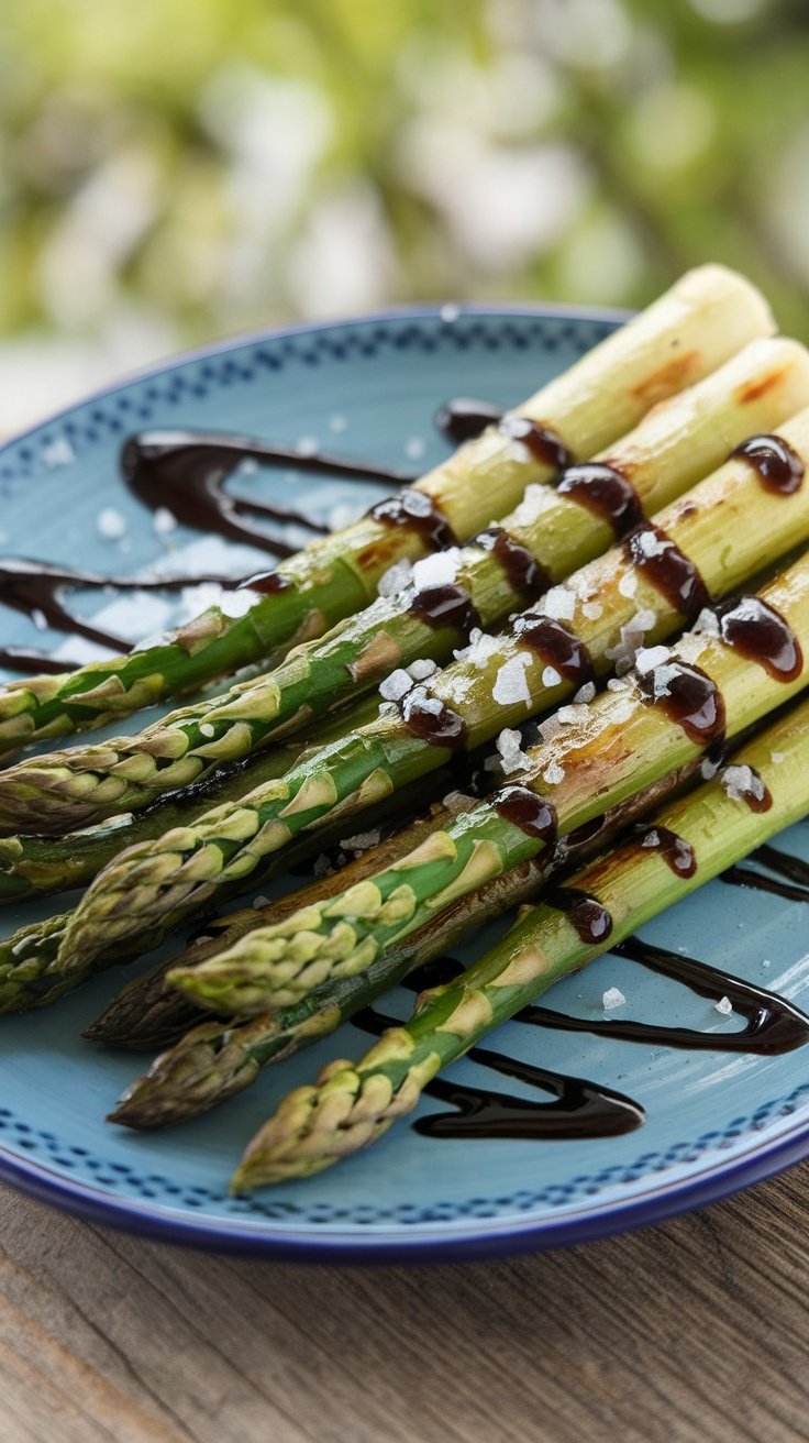 Grilled asparagus drizzled with balsamic glaze and sprinkled with sea salt