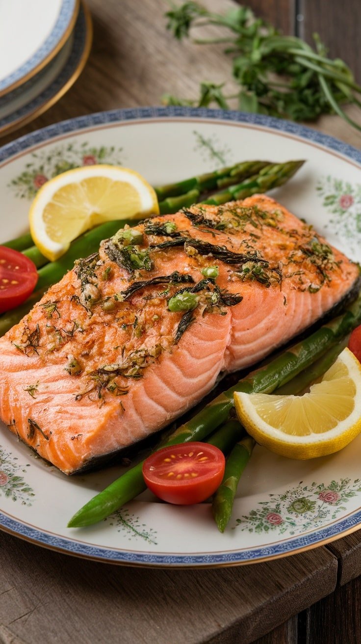 A beautifully plated herb-crusted baked salmon with asparagus and lemon slices.