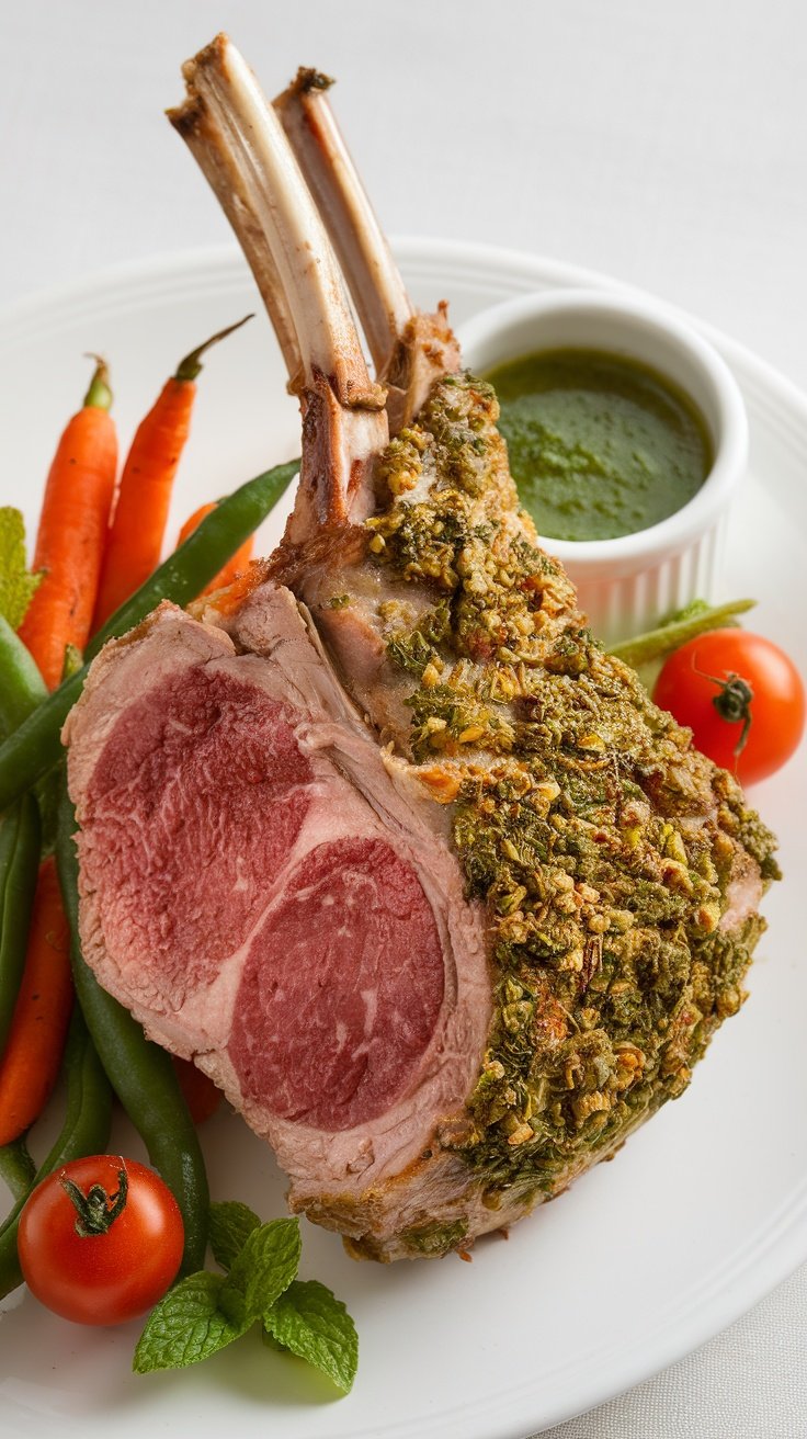 Herb-Crusted Rack of Lamb with vegetables on a plate.