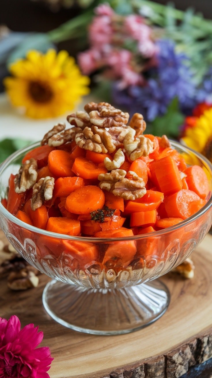 A bowl of honey-glazed carrots topped with walnuts.