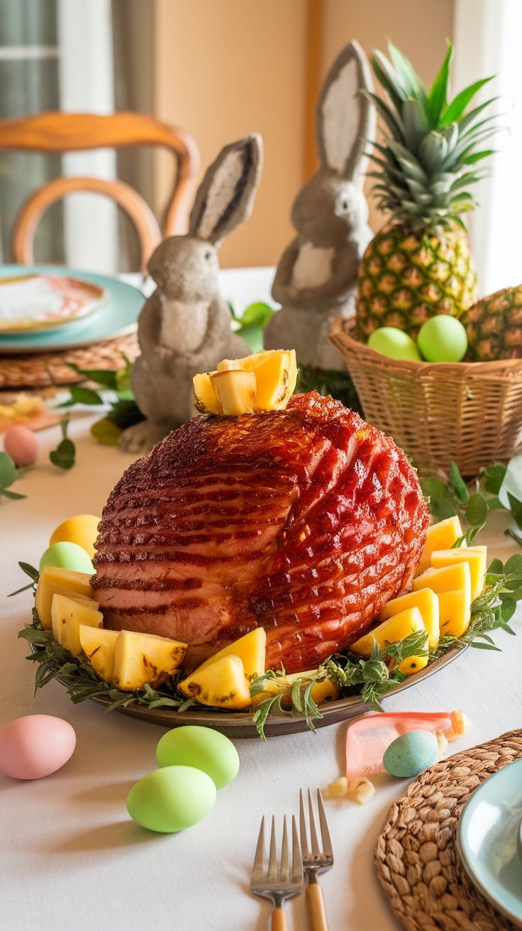 A beautifully glazed honey ham surrounded by pineapple slices and decorated for Easter.