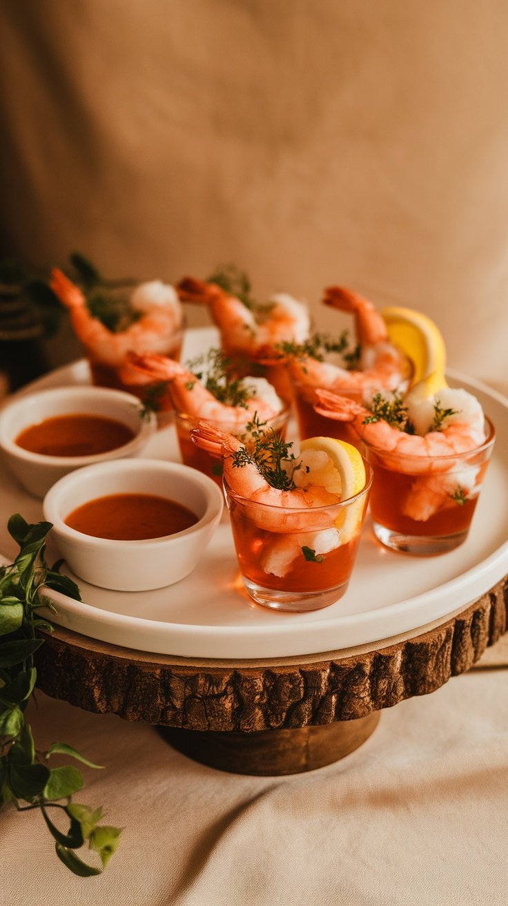 Elegant shrimp cocktail served in individual cups with cocktail sauce and lemon garnish