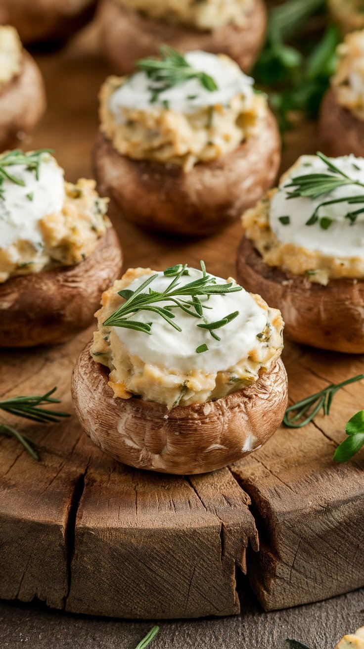 Stuffed mushrooms filled with cream cheese and herbs, garnished with fresh herbs