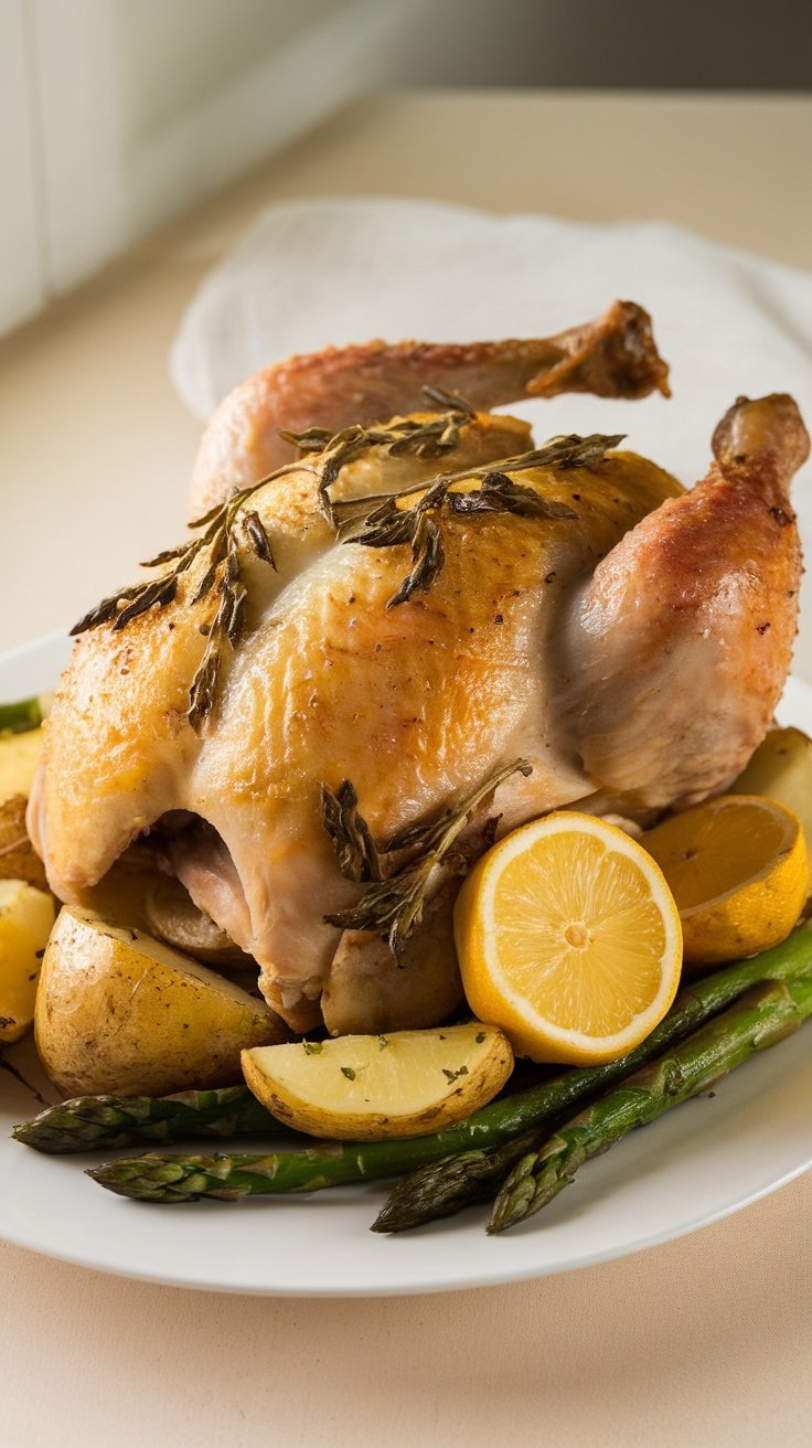 A beautifully roasted chicken with lemon and herbs, served with vegetables.
