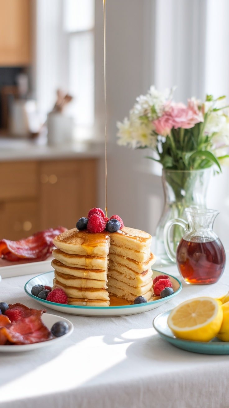 Delicious lemon ricotta pancakes layered with fresh berries and maple syrup.