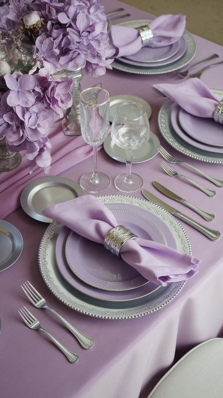 A lilac and silver tablescape featuring elegantly tied napkins, fine china, and fresh pink flowers.