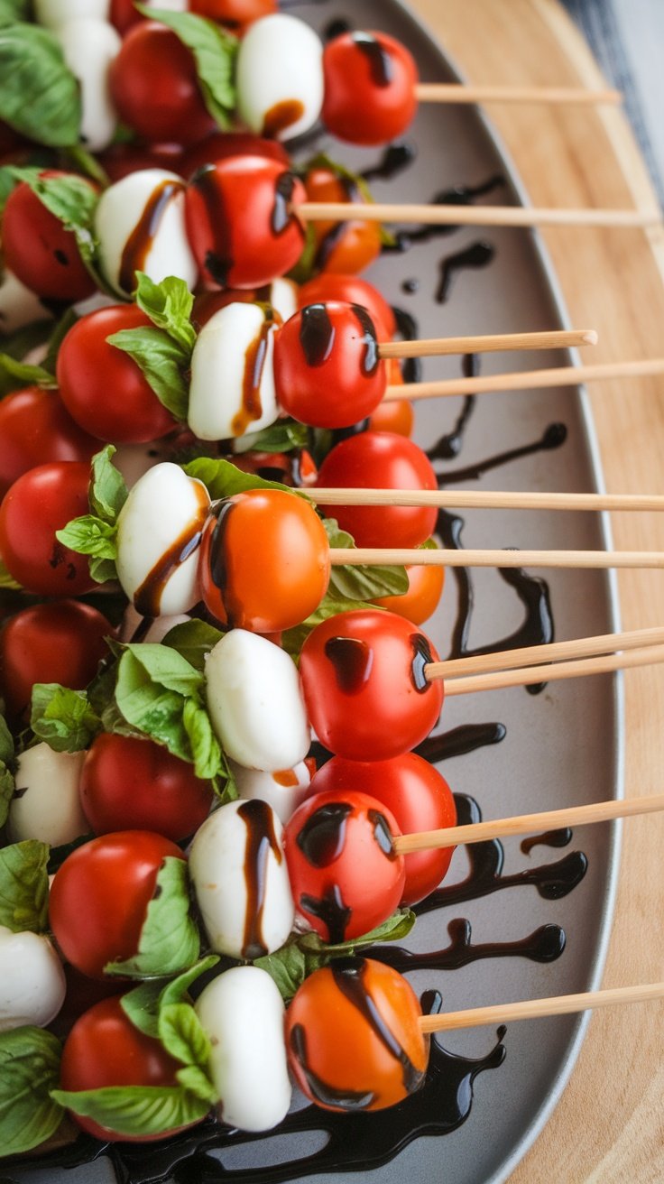 Mini Caprese skewers with cherry tomatoes, mozzarella balls, basil, and balsamic glaze.