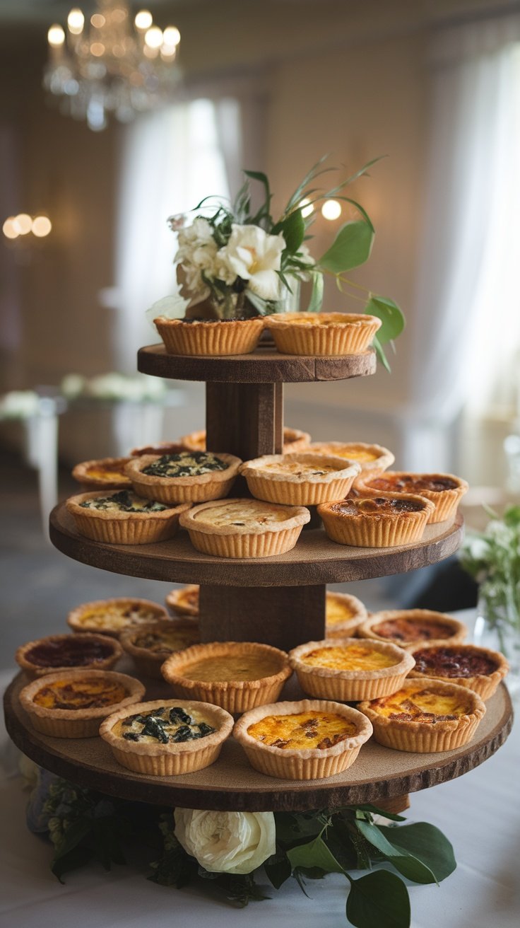 An assortment of mini quiches arranged on a tiered wooden stand, showcasing a variety of flavors and ingredients.
