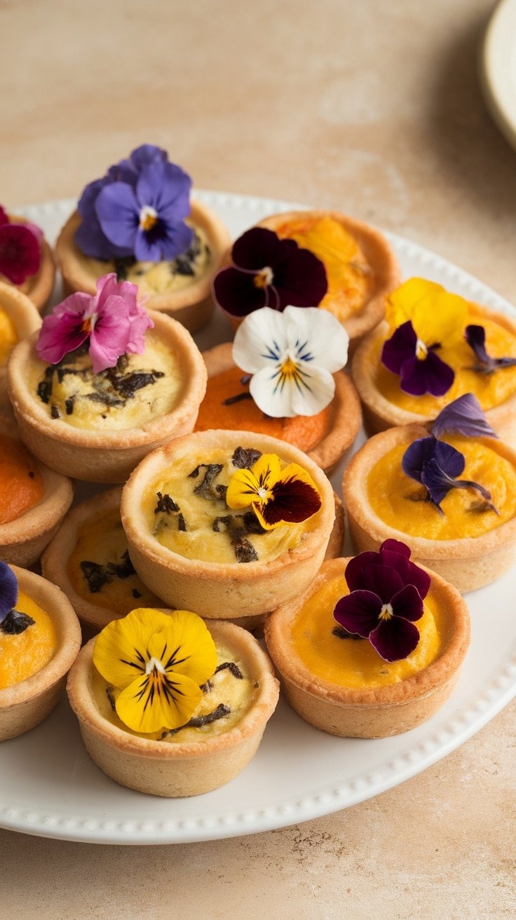 A platter of mini quiche Lorraine bites garnished with edible flowers.