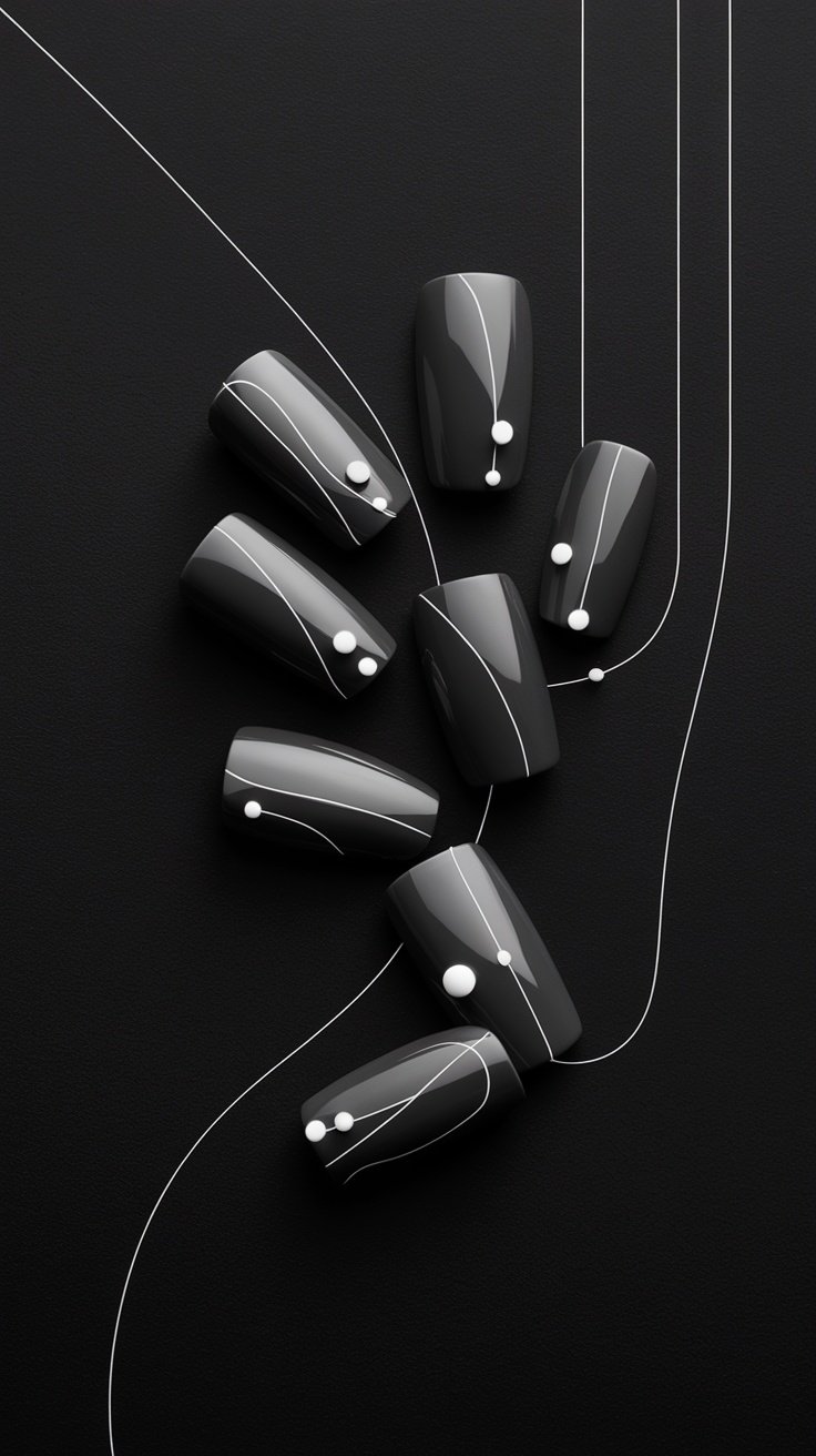 Nails featuring minimalist black lines and dots on a nude background