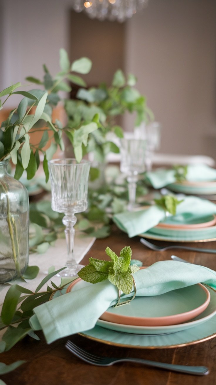 Elegant mint green tablescape with foliage and simple napkin rings.