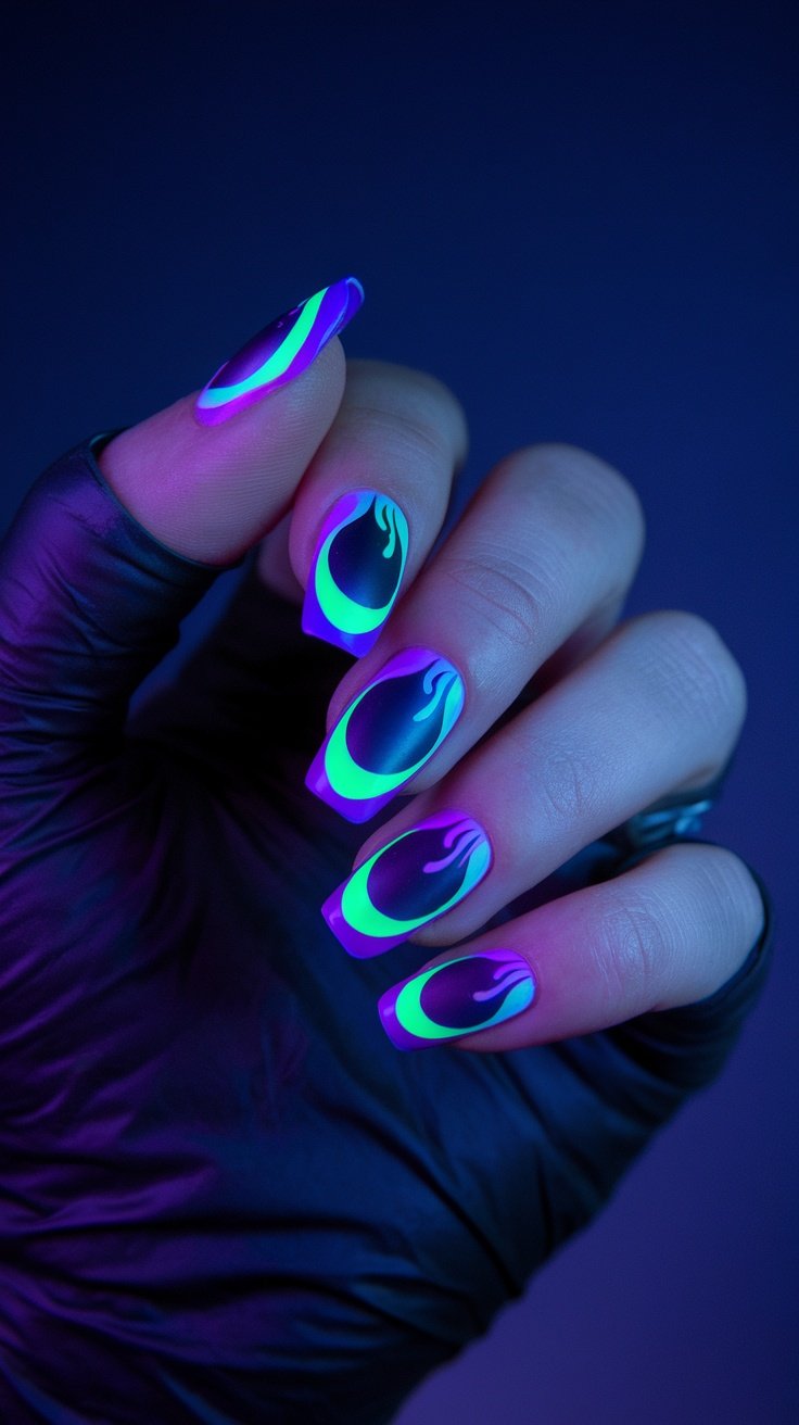 A close-up of neon-styled nails with blue and green designs glowing under black light.