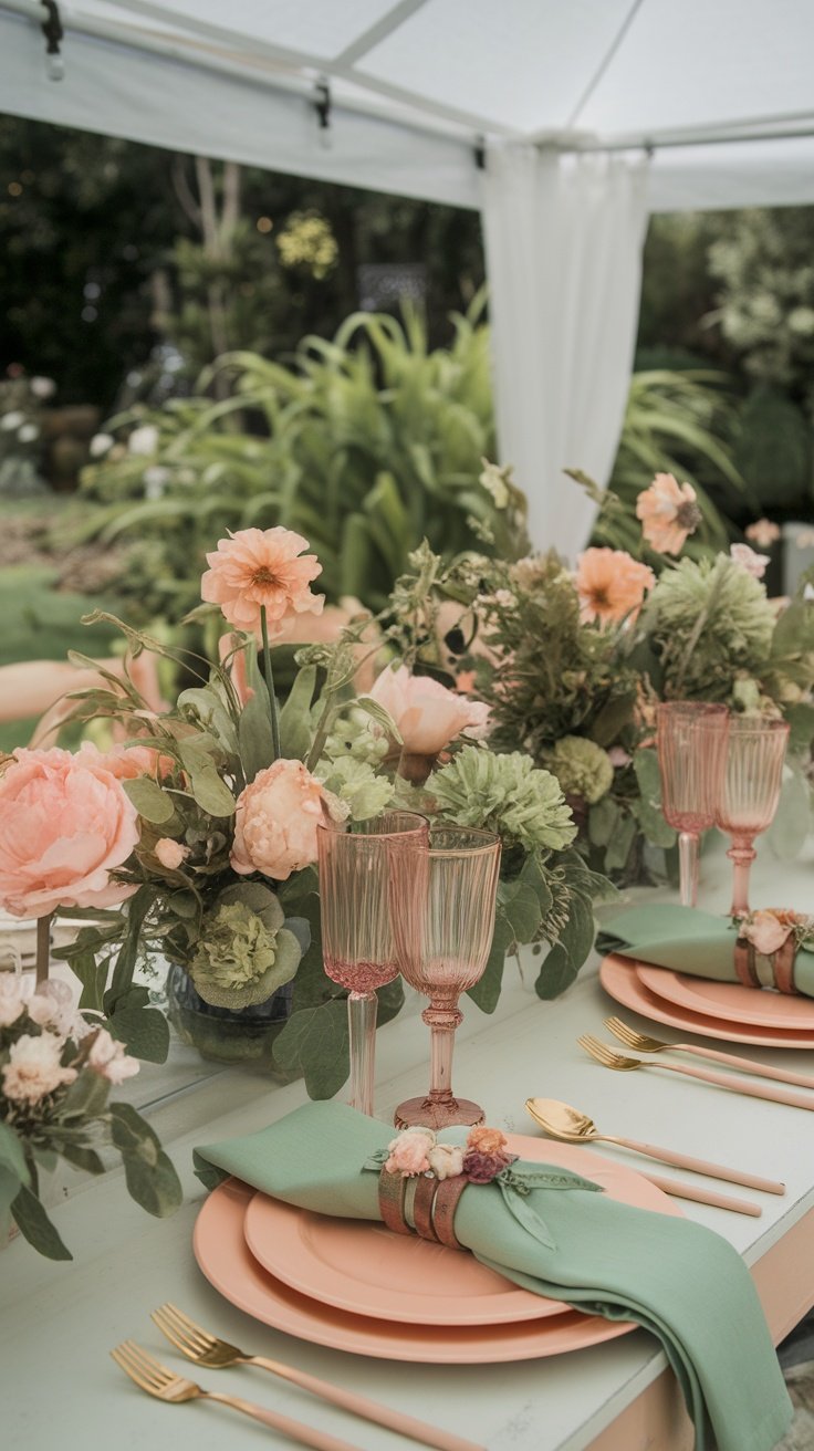 A pastel tablescape featuring pale peach and green decor with floral arrangements, candles, and elegant place settings.