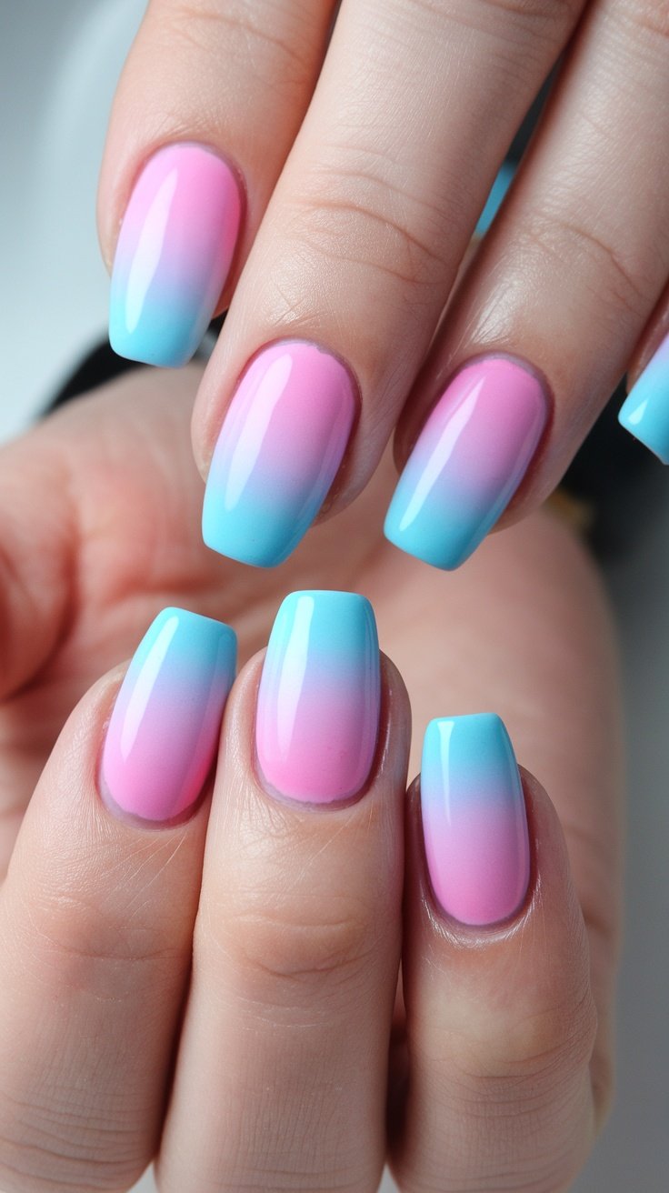 Pastel ombre nails featuring a blend of pink and blue shades.